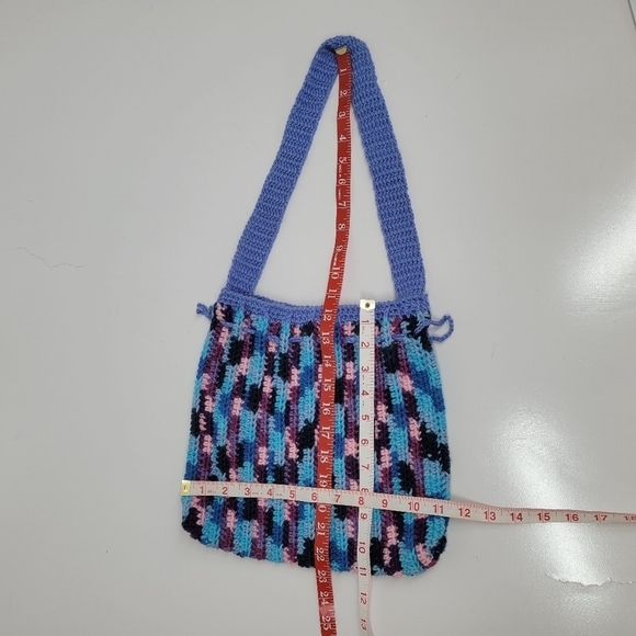 Knit Crochet Shoulder Bag Boho Artisan Hand Made Purse Satchel Purple Drawstring - Picture 7 of 14